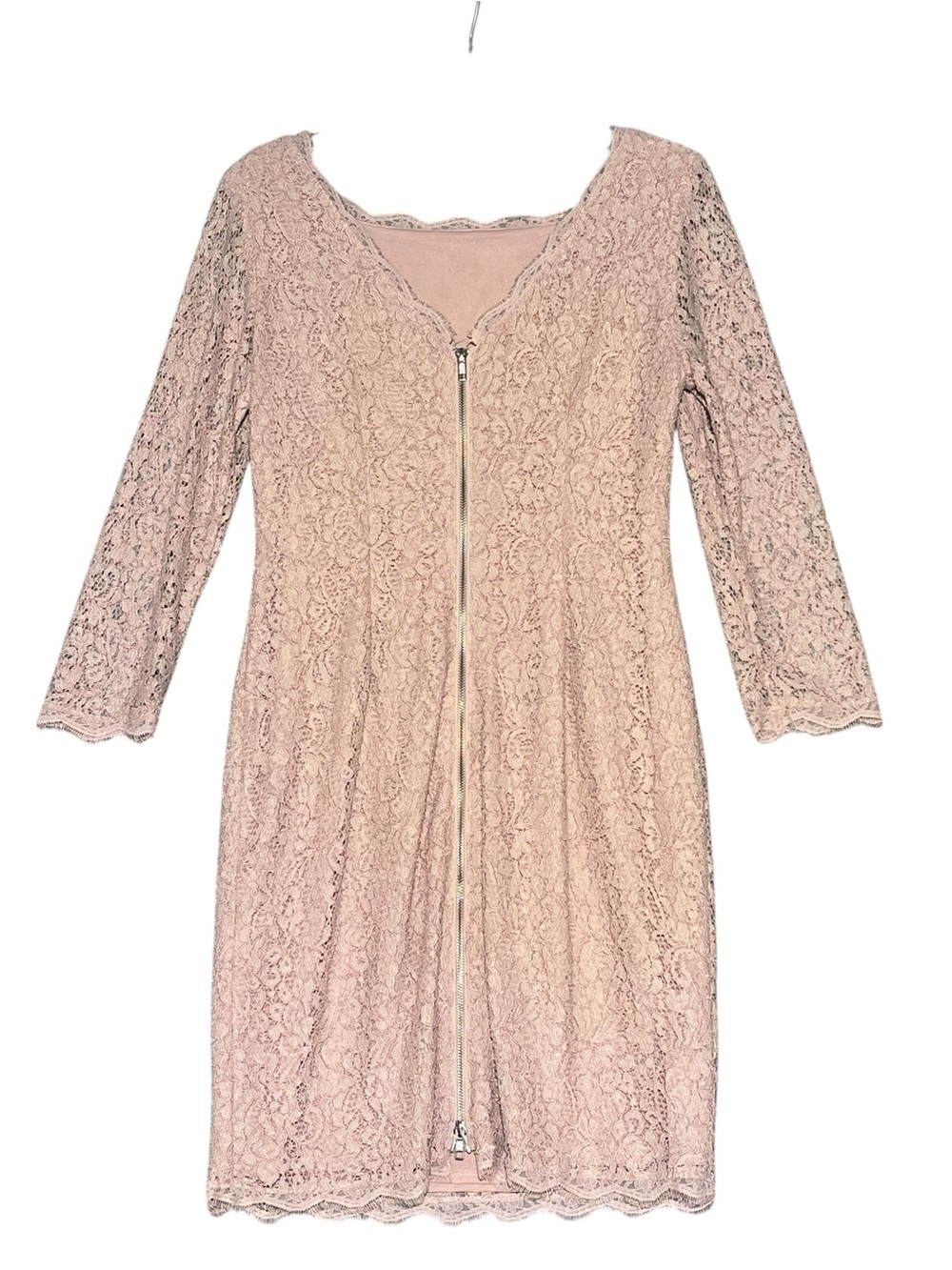 ADRIANNA PAPELL Blush Pink Lace Square Neck Long Sleeve Sheath Dress Size 10 - Picture 3 of 15
